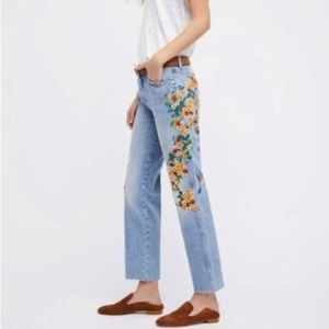 Free People Embroidered girlfriend jeans